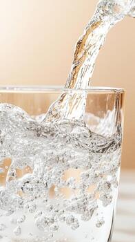 Clear liquid pours into transparent glass. Bubbles form inside the container. Refreshing drink in a simple vessel. Close up shot on neutral background. photo