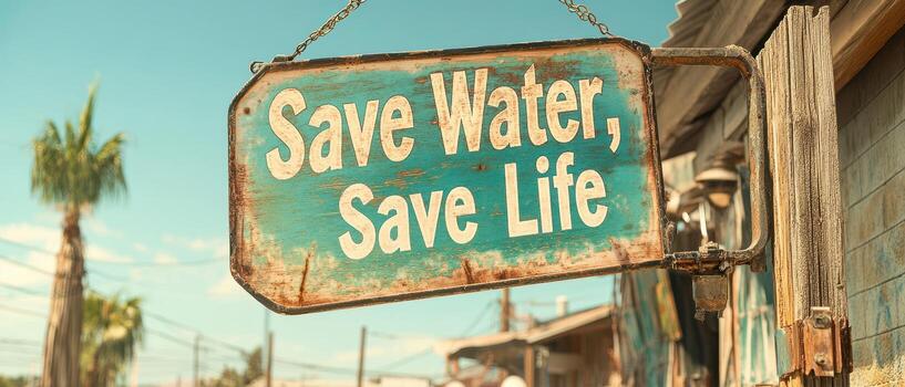 Turquoise sign hangs, reading Save Water, Save Life. Palm tree is blurry behind, under blue sky. Rustic wood post holds the sign. photo