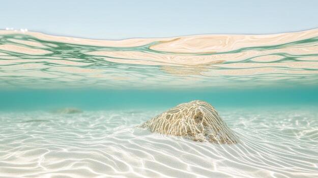 Crystal water surface and blue underwater scene. Bright light shines on sand ripple patterns. Stone rests on clean sea floor. Serene aquatic view. photo