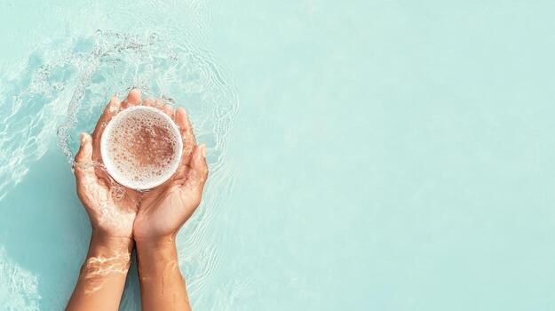 Hands holding round container with bubbling liquid on blue surface. Clear water ripple effect with sun light and copy space to the right. photo