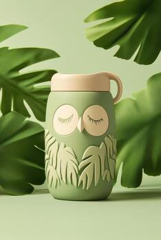 Green container with owl design. Closed eyes. Light green background. Large green leaves. Decorative object for beverage. Animal figure. Relaxing atmosphere. photo