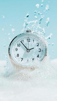 Alarm clock sitting on white surface. Clear liquid splash around the object. Light blue background. Time is passing. Moments concept. photo