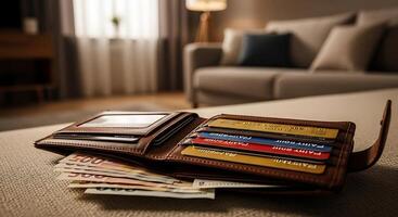 Wallet with credit cards and money on bed photo