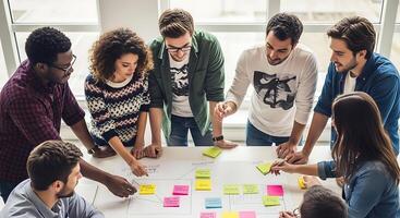 A group of people around a table with sticky notes photo