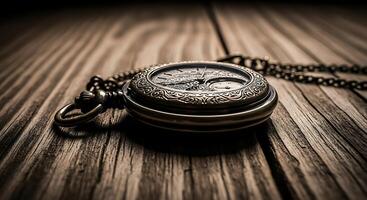 An old pocket watch on a wooden table photo