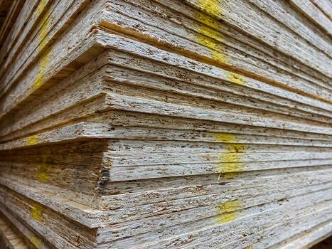 This image shows a detailed close up of a neatly arranged stack of plywood sheets, each featuring distinct yellow markings on their surface, indicating measurements or grades photo