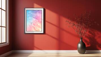 Stylish minimalistic composition mockup picture frame on wall vases decoration living room on red wall photo