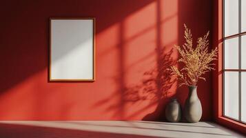 Stylish minimalistic composition mockup picture frame on wall and vases decoration living room on red wall photo