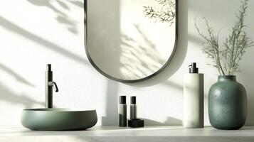 Close up of green sink with oval mirror hanging in on white wall, minimal modern style with black faucet in bathroom photo
