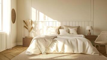 Serene Bedroom white beige color scheme with Morning Sunlight and Boho Chic Decor photo