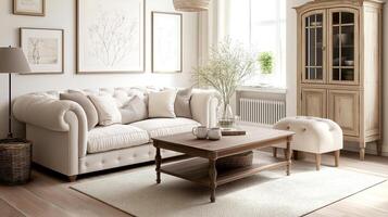 English cottage style Living room interior design white color scheme with Morning Sunlight photo