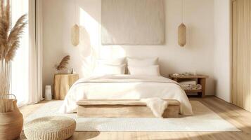 Stylish Minimalistic Bedroom white beige color scheme with Morning Sunlight photo