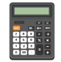 Dark grey calculator with full number pad and orange button. png