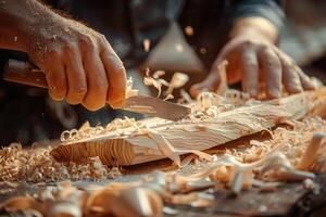 Close-up of hands carving wood with a chisel, surrounded by wood shavings. Concept of craftsmanship, woodworking, handmade art, or traditional skills photo
