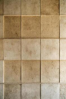 An abstract square pattern composed of rough beige tiles creates an interesting textured architectural wall. photo