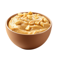 A bowl of creamy peanut butter with scattered peanuts, png
