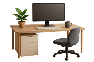 Wooden desk with computer plant and chair isolated on a transparent background office png