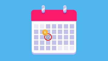 animerad kalender som visar en betalning datum på de 15:e med flytande dollar mynt video