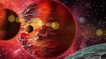 The red planet rotates in space. Around it revolves a satellite with a mountainous structure. video