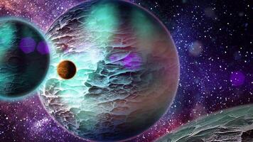 The planet rotates in space. A satellite with a mountainous structure rotates around it. video