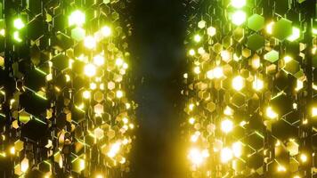 Drifting Through A Glowing Golden Hexagonal a 3d render that transports viewers through a radiant tunnel of glowing golden hexagons. Perfect for cinematic intros, sci-fi projects, music videos. video