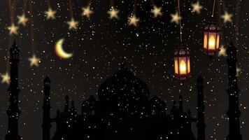 Animated White Stars Falling on a Deep Blue Night Sky Background Loop A Celestial Motion Graphic, Islamic Holy Night Dark Background, Mosque, Hanging Lamps,Muslim Prayer Time Serene Mosque Landscape video