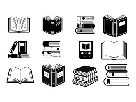 Black and White Book Icon Set Open, Closed, and Stack Book Symbols, Set of Books icons. vector