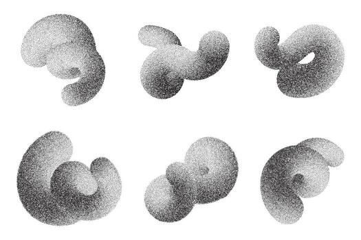 Abstract gradient shapes. 3D lines and wavy elements on white background. Fluid organic grainy designs with sandy texture. Swoosh stipple spirals. Twisted dotted trendy set of dynamic curved elements vector