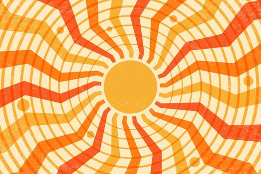 Retro sun background with radial pattern of rays and concentric circles. Abstract wavy beams. 70s summer grunge illustration. vector