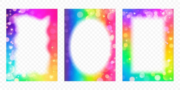 Gradient frame with blurred borders. Abstract rainbow designs. Cute glowing neon templates. Modern girly soft rectangle backgrounds for banners and posters. vector