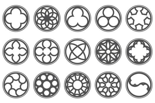 Gothic circle rose window with medieval ornament. Cathedral rosette on white background. Christian architecture elements with stained glass. Radial frame. vector