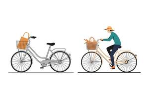 People Riding Bicycles with Baskets for Groceries vector