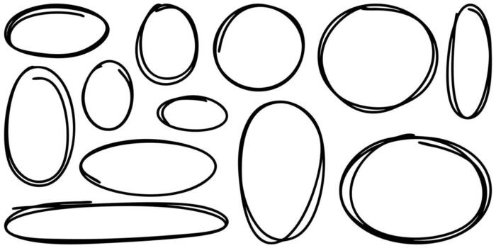 Collection of hand drawn oval and circle sketches in black ink. Doodle style shapes with imperfect, organic lines, perfect for highlighting, annotation, design elements, or infographic use. vector