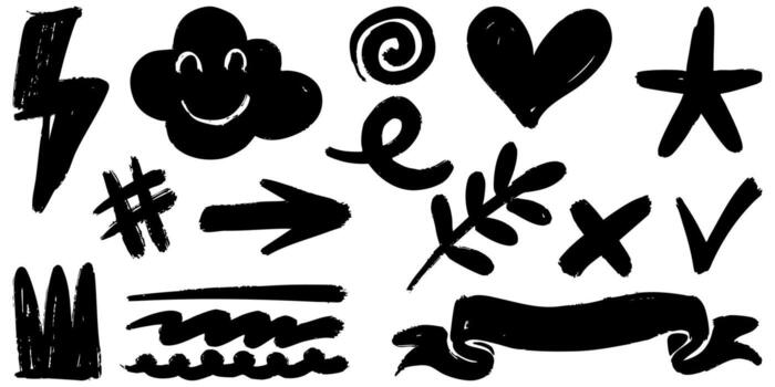 collection of hand drawn doodle icons in bold black brush strokes on a white background. set includes various symbols such as a smiling cloud, heart, lightning bolt, arrow, star, ribbon, and abstract. vector