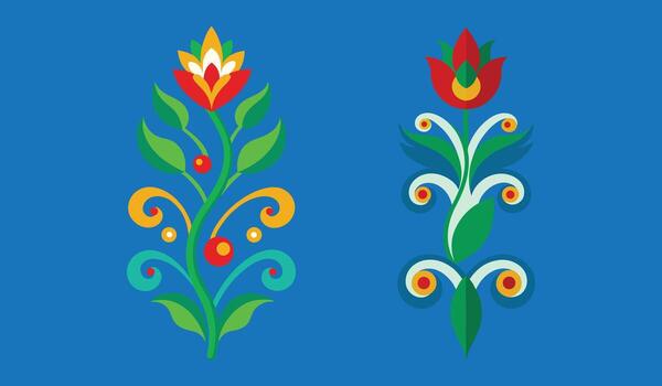 Elegant Stylized Floral Scroll Ornament Set in Flat Colorful Art Style with Decorative Botanical Elements vector