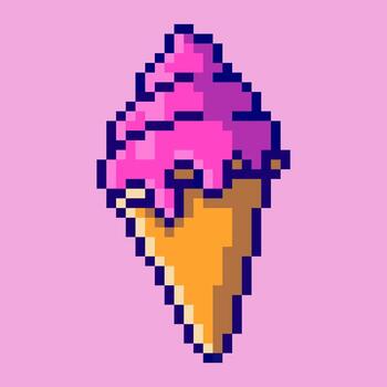 Charming strawberry ice cream cone icon designed in a retro pixel art style. This classic 8-bit illustration features a scoop of strawberry-flavored ice cream in a crispy wafer cone vector