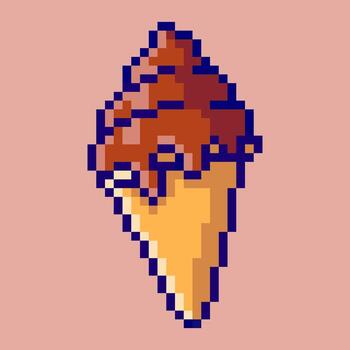Delicious chocolate ice cream cone icon designed in a retro pixel art style. This classic 8-bit illustration features a scoop of ice cream with chocolate topping in a crispy wafer cone. vector