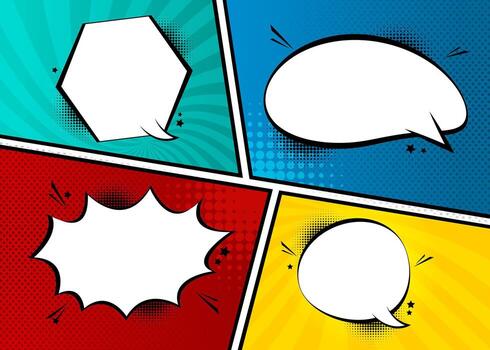 Colorful comic book layout with empty speech and thought bubbles on a retro pop art background vector