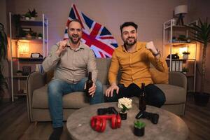 Friends enjoying a thrilling game night in a cozy living room with a British flair on a vibrant weekend evening photo