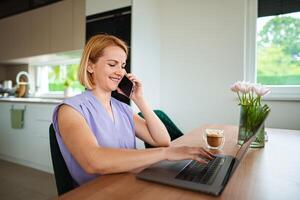 Engaging conversation while working at home office space photo