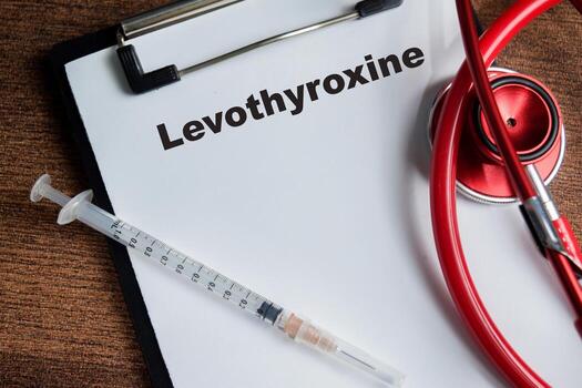Concept of Levothyroxine write on clipboard isolated on Wooden Table. photo