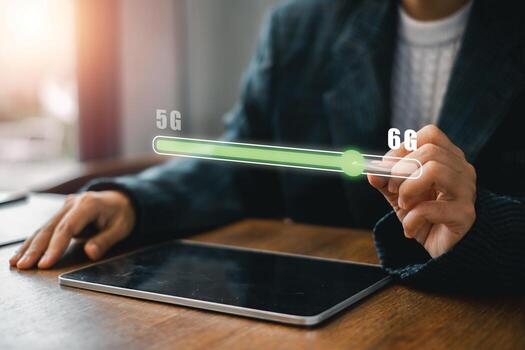 Visual representation of 6G technology advancement with a digital progress bar on a tablet, symbolizing future connectivity. photo