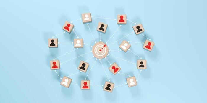 Client segmentation visualized with diverse user icons connected to a central target, symbolizing personalized marketing, demographic focus, and strategic outreach. customer focused business goals. 3D photo