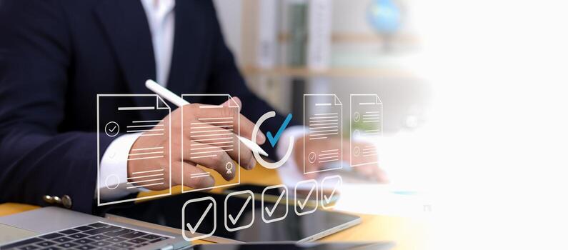 Permit approval digital concept with document icon, checkmark, and modern interface. Businessman in suit using digital pen for online approval application, compliance, and workflow management scenes. photo