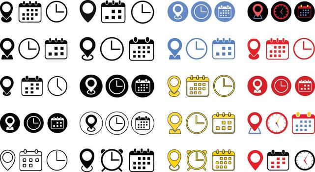 Calendar, Location pin, time icon set. Interface icons. address location pointer and alarm bell. Notice alert sign. business schedule and office time clock. Event icons vector