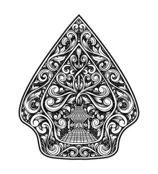 Wayang Gunungan Icon Indonesian Javanese Puppet with Floral Pattern and Gold Shadow Design vector