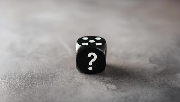 Black dice with question mark. FAQ and QA. Problem solution. photo