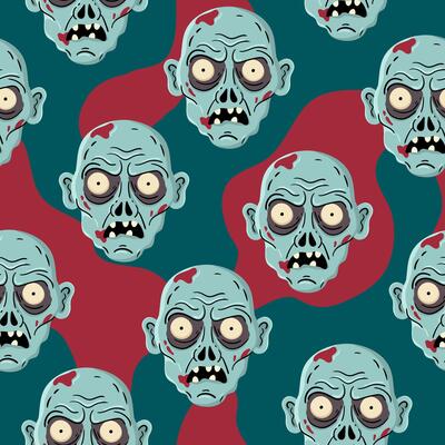 creepy zombie head seamless pattern teal and red background for halloween themed fabric and spooky digital paper designs