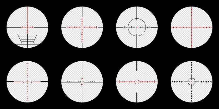 Set of realistic sniper scope crosshairs view. sniper sight with measurement marks. sniper scope template rifle optical sight. vector