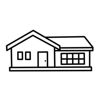 Simple line drawing of a horizontal house with double roof and large front windows, in clean black and white. Ideal for use vector